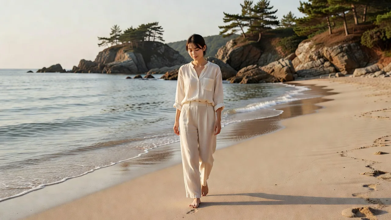 海辺を歩く女性