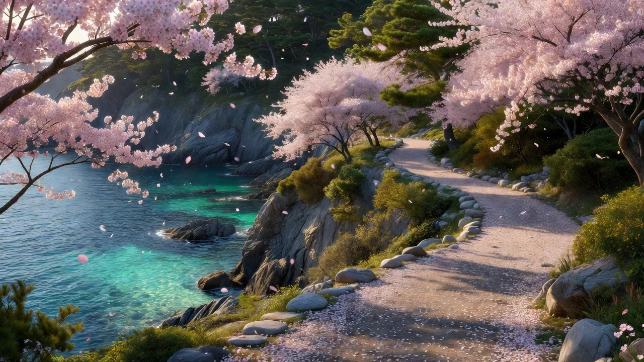春の桜と断崖